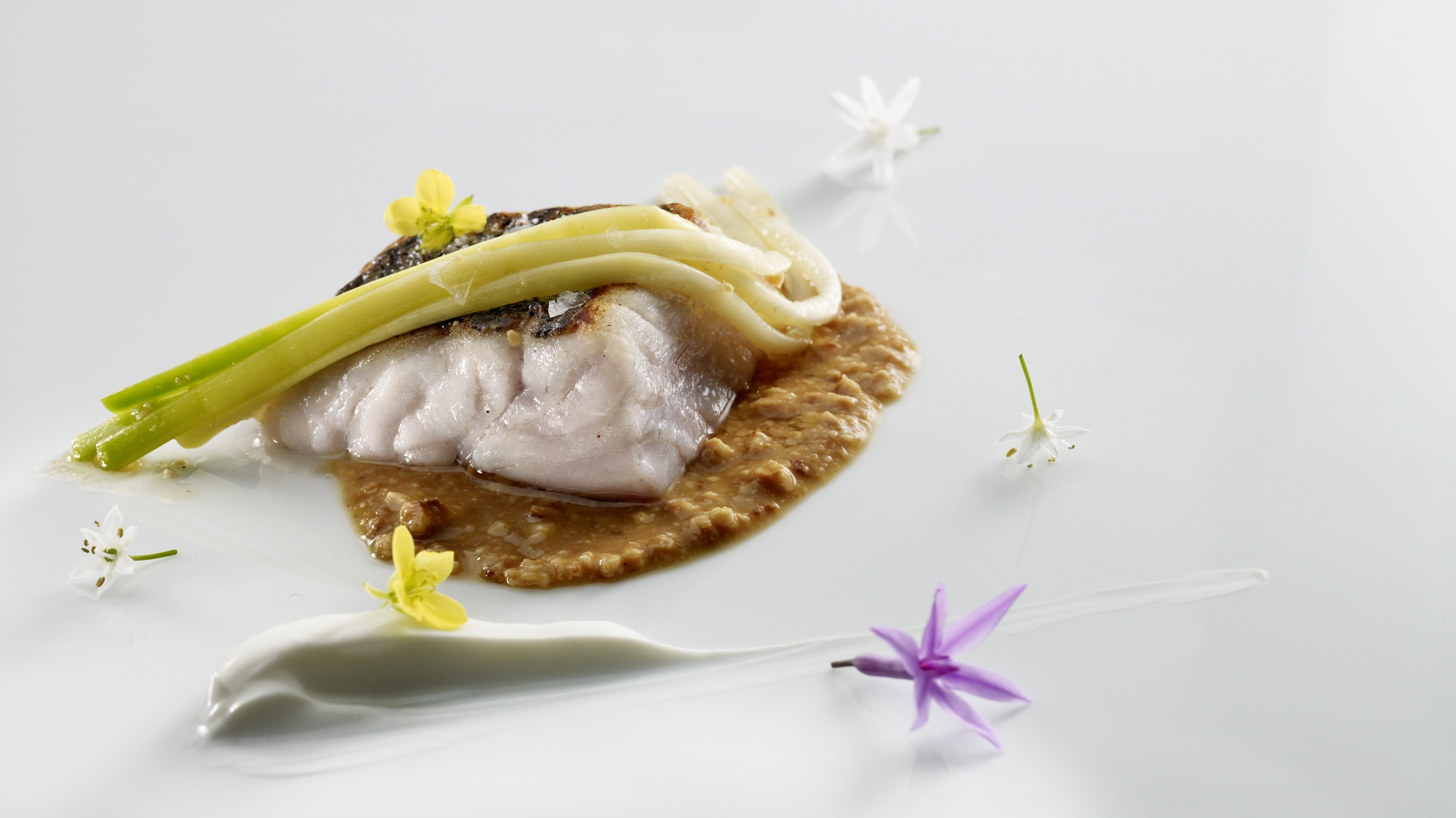 Hake fillet with baby garlic, hazelnut praline,  soured cream and purslane.
PHOTO: José Luis López de Zubiría / Mugaritz